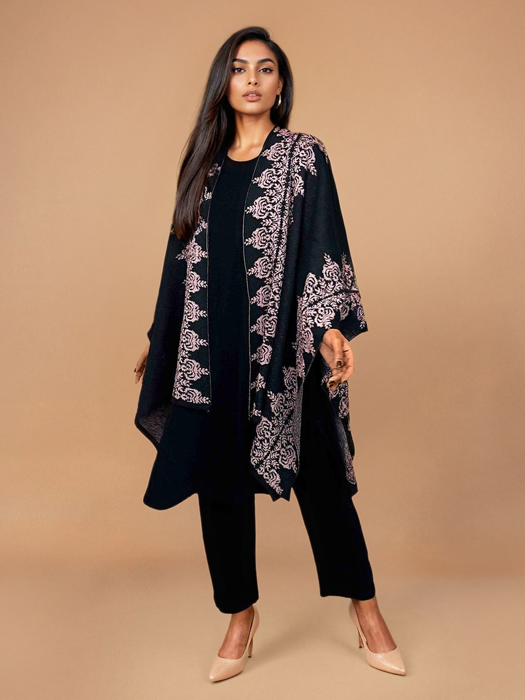 

trueBrowns Women Self Design Woollen Jacquard Shrug, Black