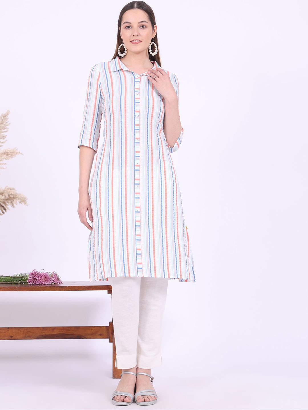 

AURELIA Striped Yarn Dyed Shirt Collar A-Line Kurta, White