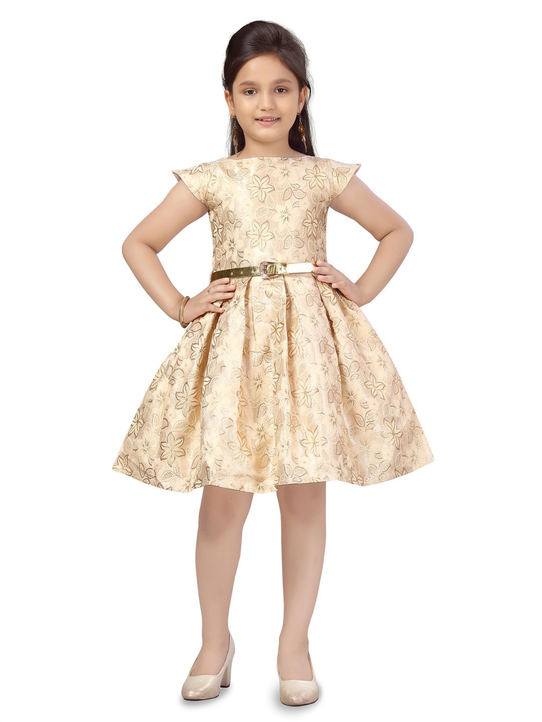 

Sangria Girls Floral Printed Fit and Flare Dress, Beige