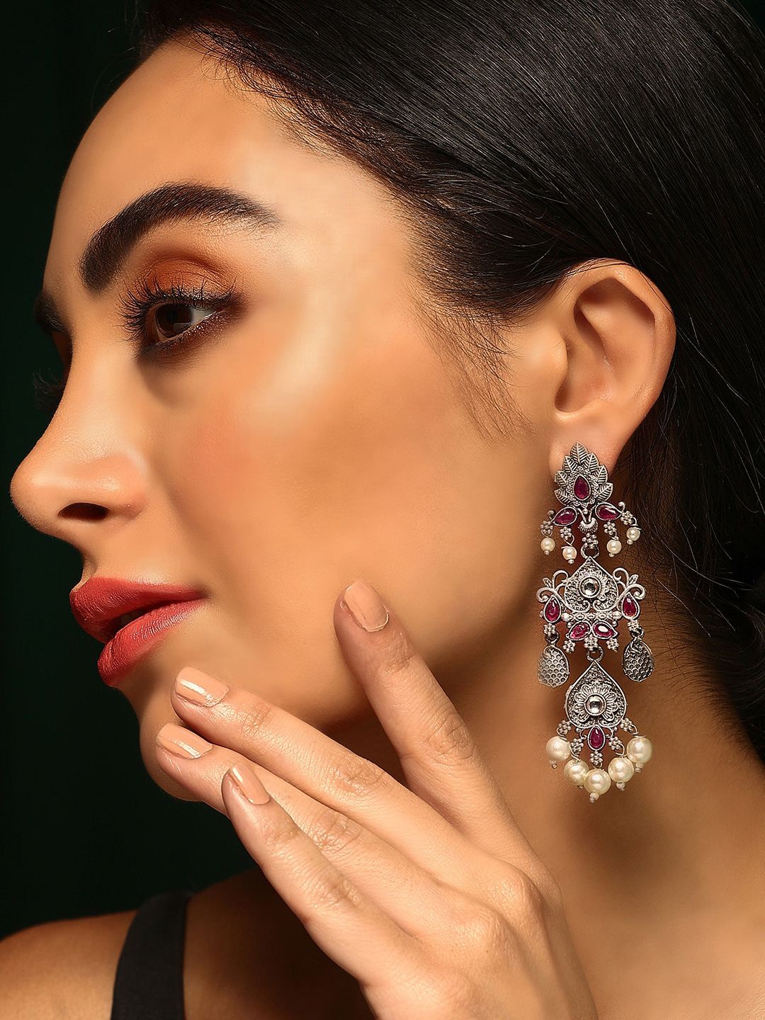 

Priyaasi Silver Plated Stone Studded Oxidised Contemporary Drop Earrings