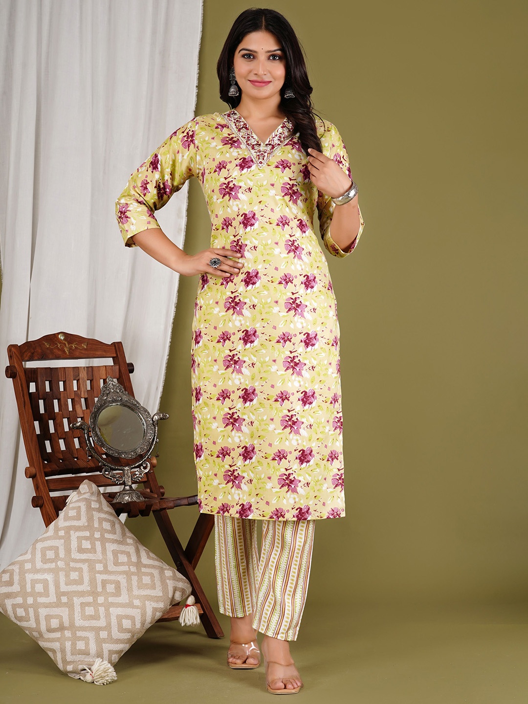 

SKYTICK Floral Printed Thread Work Pure Cotton Straight Kurta with Pyjamas, Yellow