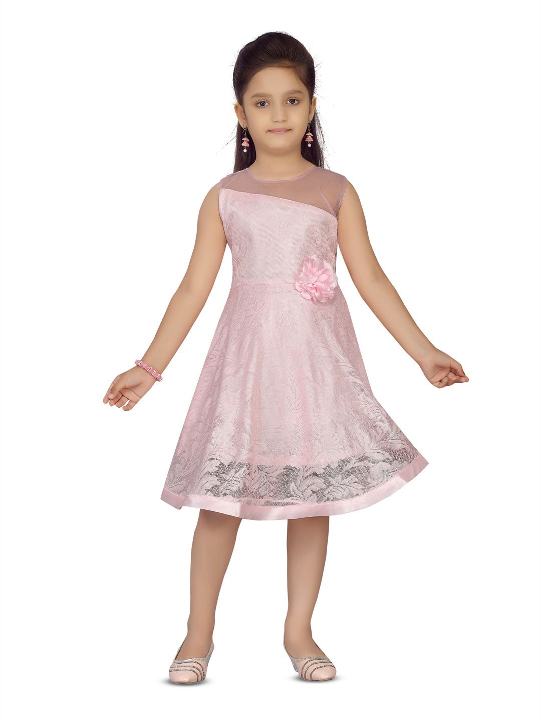 

YK Girls Net Self Design Sleeveless Fit & Flare Dress, Pink