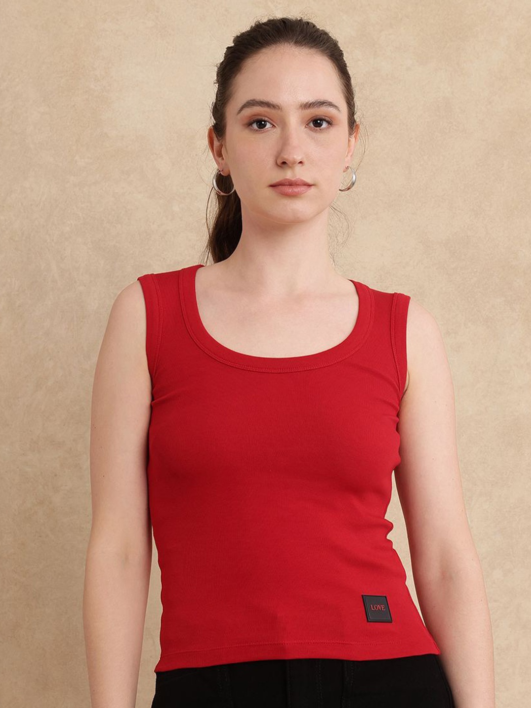 

RAREISM Women Solid Scoop Neck Cotton Slim Fit T-shirt, Red