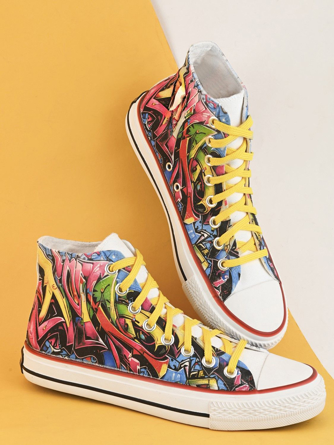 

CROWCIA LONDON Men Printed High-Top Sneakers, Multi