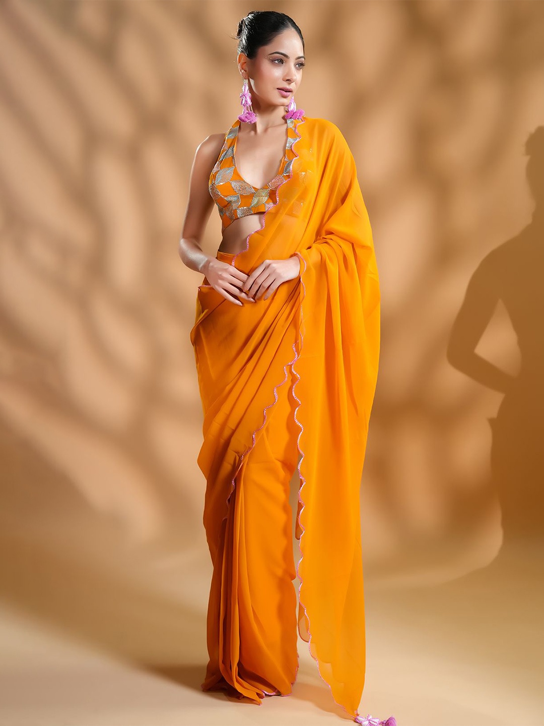 

HANDME Chic Mustard Ready to Wear Saree with Embroidered Blouse Fabric and Tassels