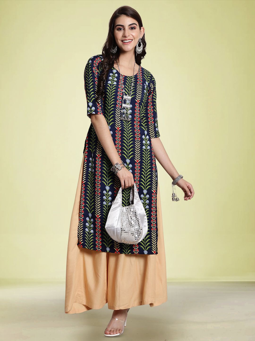 

Moda Rapido Women Ethnic Motifs Printed Round Neck Straight Kurtas, Navy blue