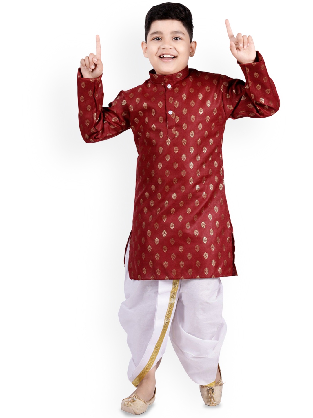 

BAESD Boys Ethnic Motifs Printed Mandarin Collar Straight Kurta with Dhoti Pants, Maroon