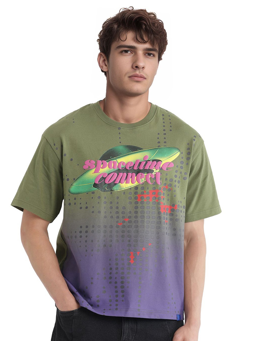 

RARE RABBIT Men Graphic Printed Round Neck Cotton Oversized T-shirt, Olive