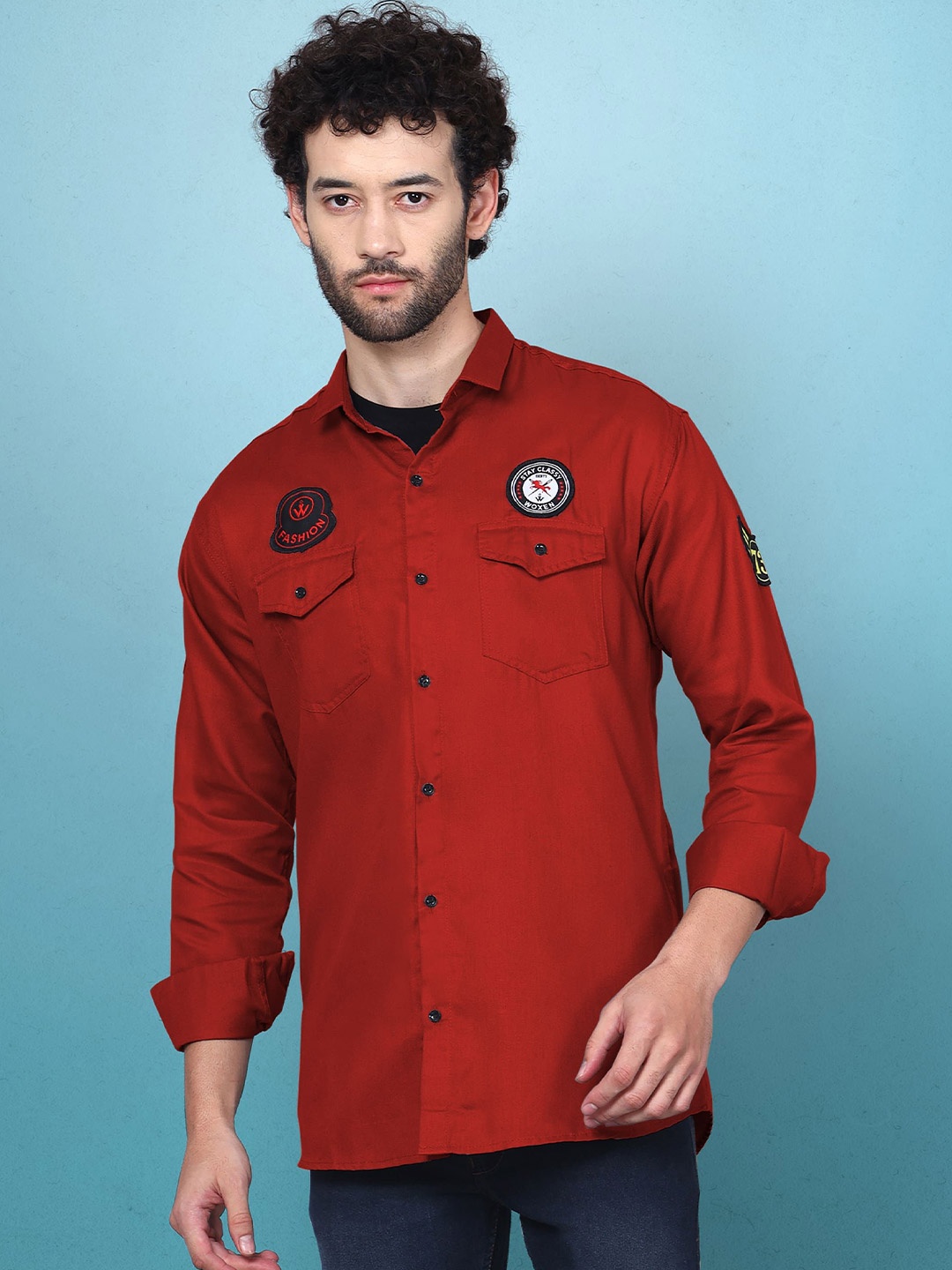 

WOXEN Men Original Fit Spread Collar Solid Cotton Casual Shirt, Red