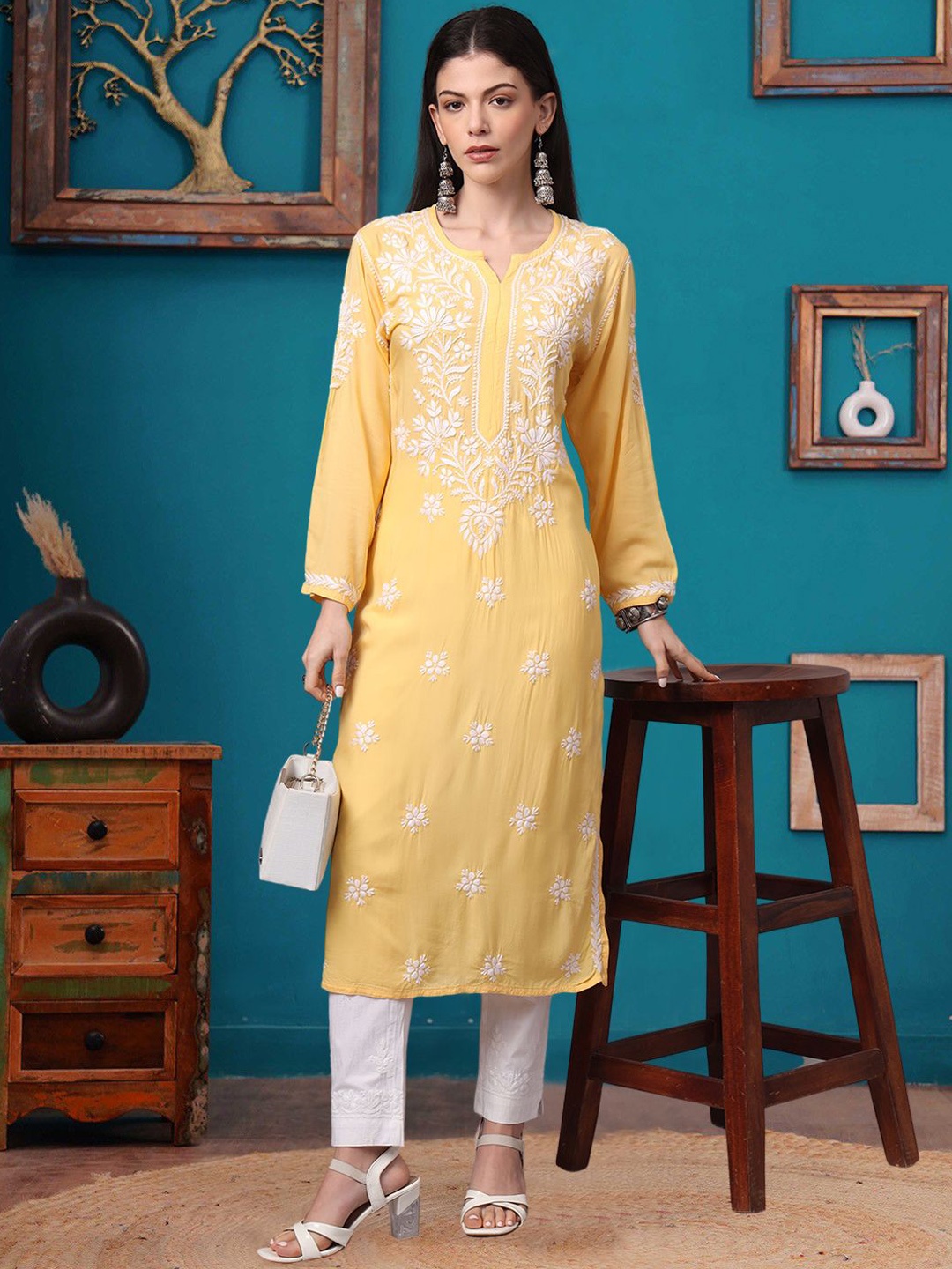 

PARAMOUNT CHIKAN Floral Embroidered Notch Neck Chikankari Straight Kurta, Yellow