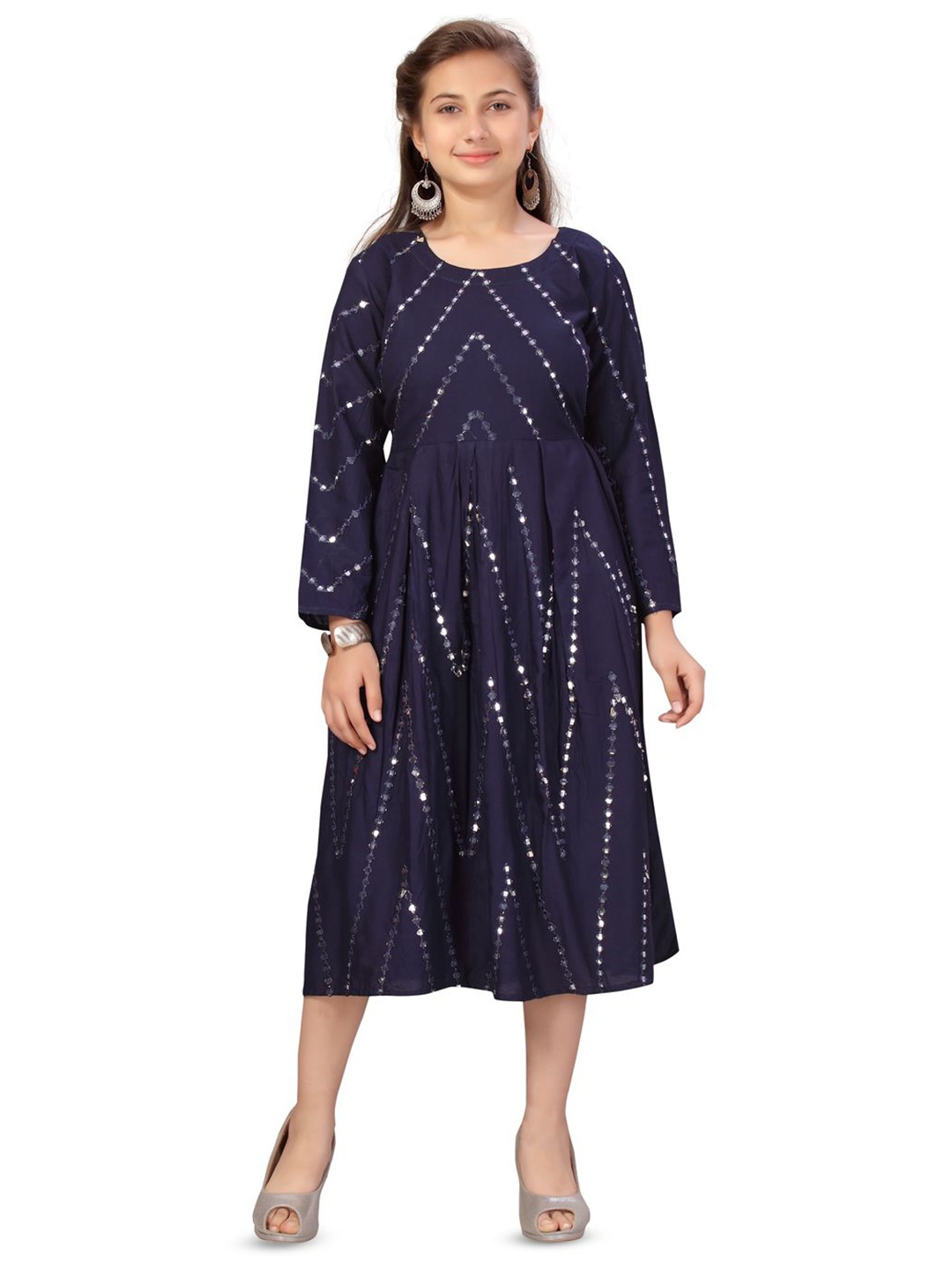 

YK Girls Print Fit & Flare Midi Dress, Navy blue