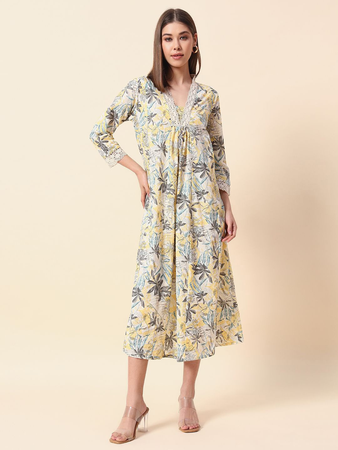 

HERE&NOW Floral Printed Cotton Shift Midi Dress, Yellow