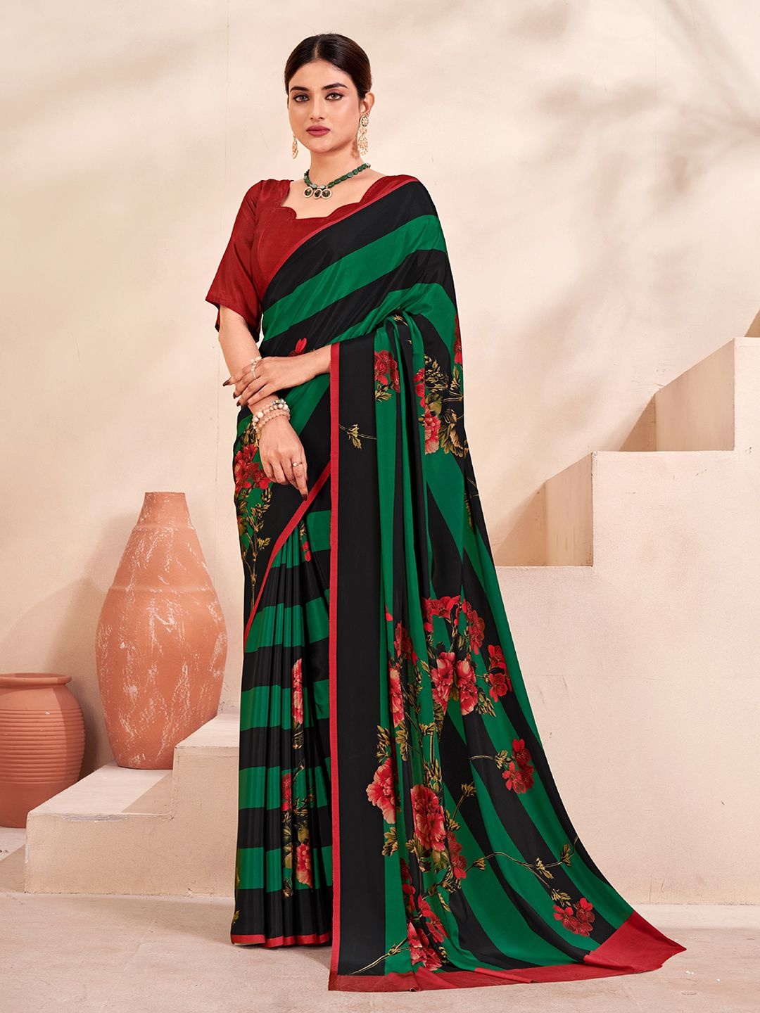 

Krimmple Floral Printed Mysore Silk Saree, Green