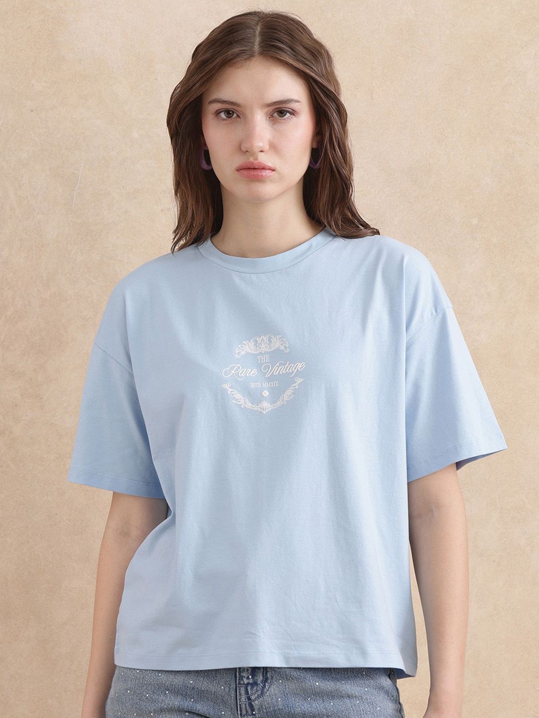 

RAREISM Women Graphic Printed Round Neck Cotton T-shirt, Blue