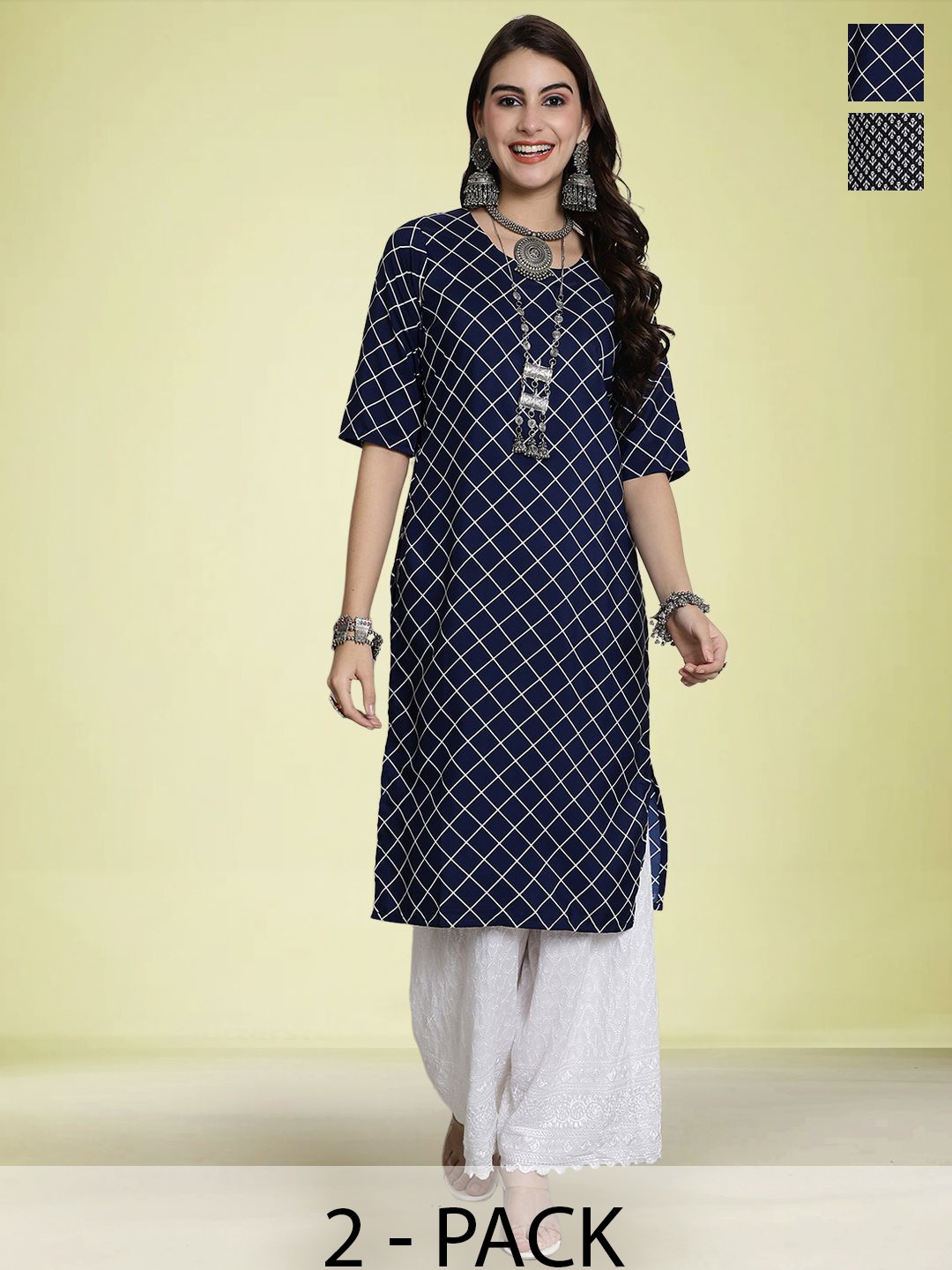 

Moda Rapido Selection Of 2 Geometric Printed Straight Kurta, Navy blue