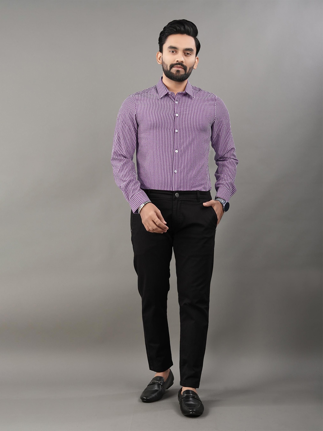

TERAXO Men Premium Slim Fit Spread Collar Micro Checked Formal Shirt, Violet