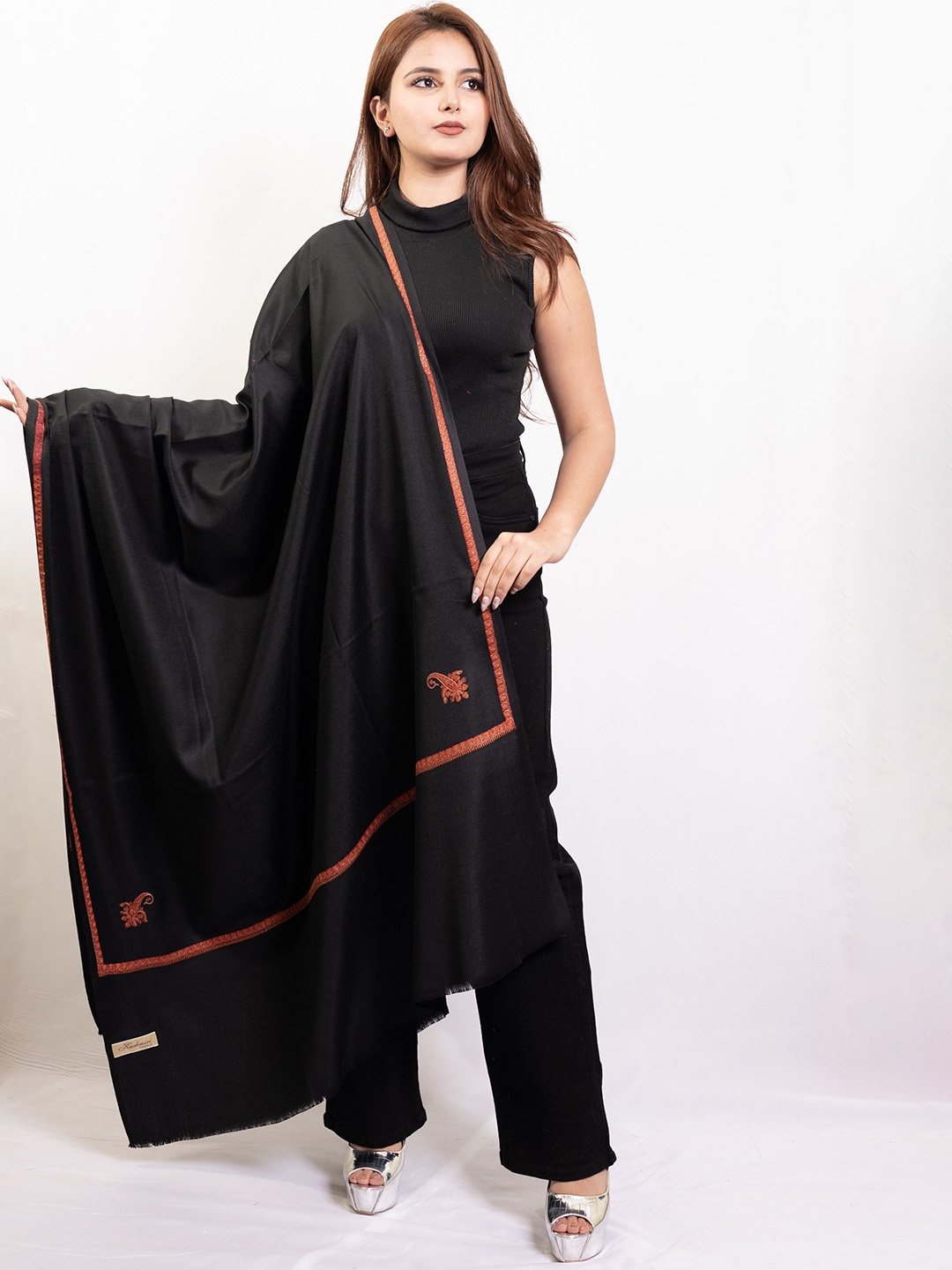 

PASHGIRI Ethnic Motifs Embroidered Woolen Shawl, Black