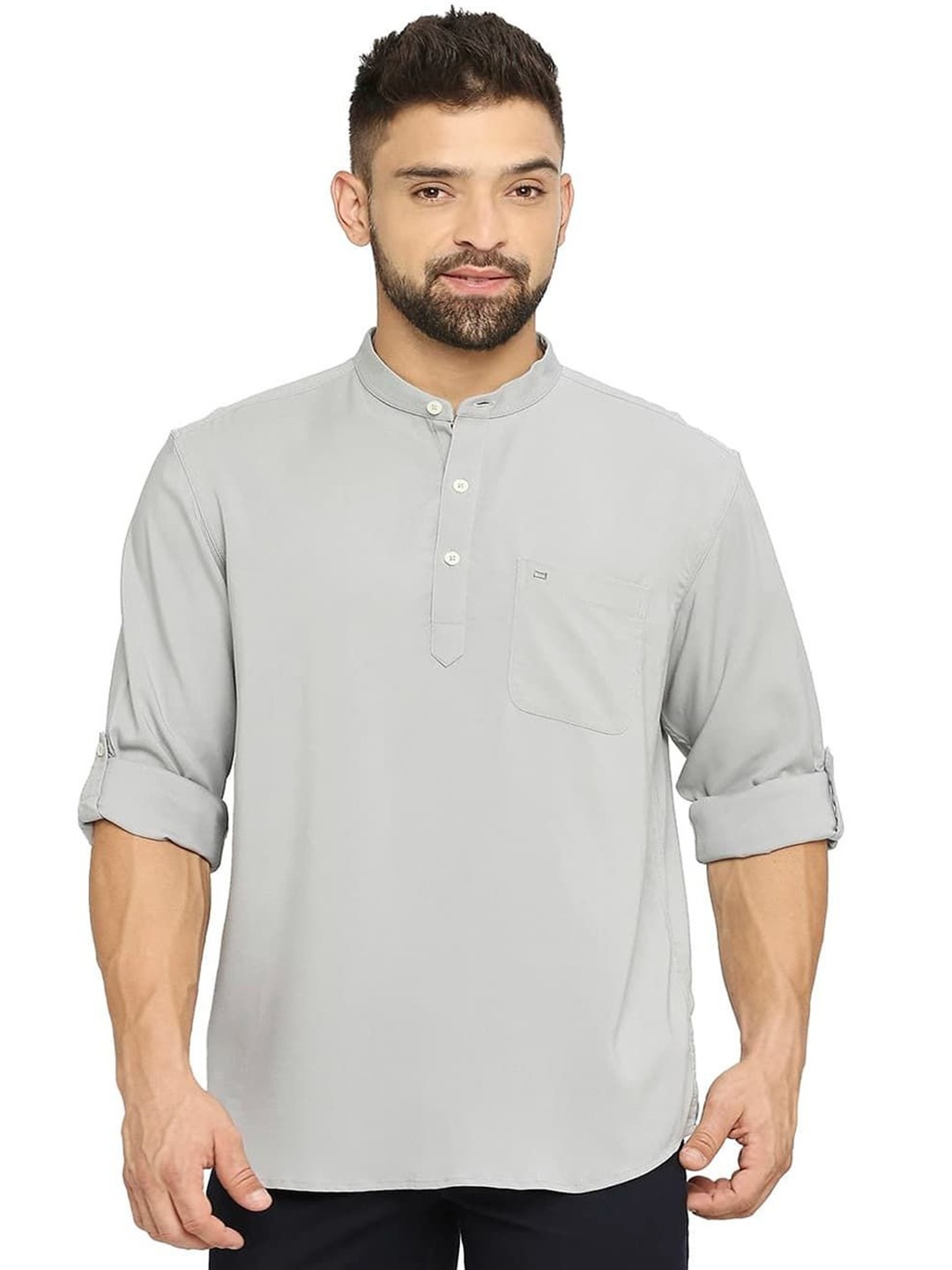 

Basics Men Slim Fit Band Collar Solid Casual Shirt, Grey