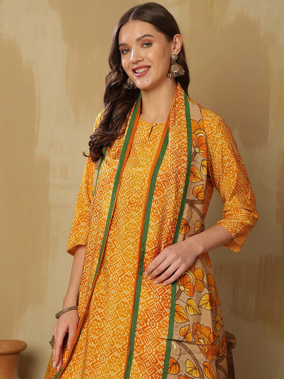 

Anouk Women Printed Regular Pure Silk Kurta with Trousers & With Dupatta, Mustard