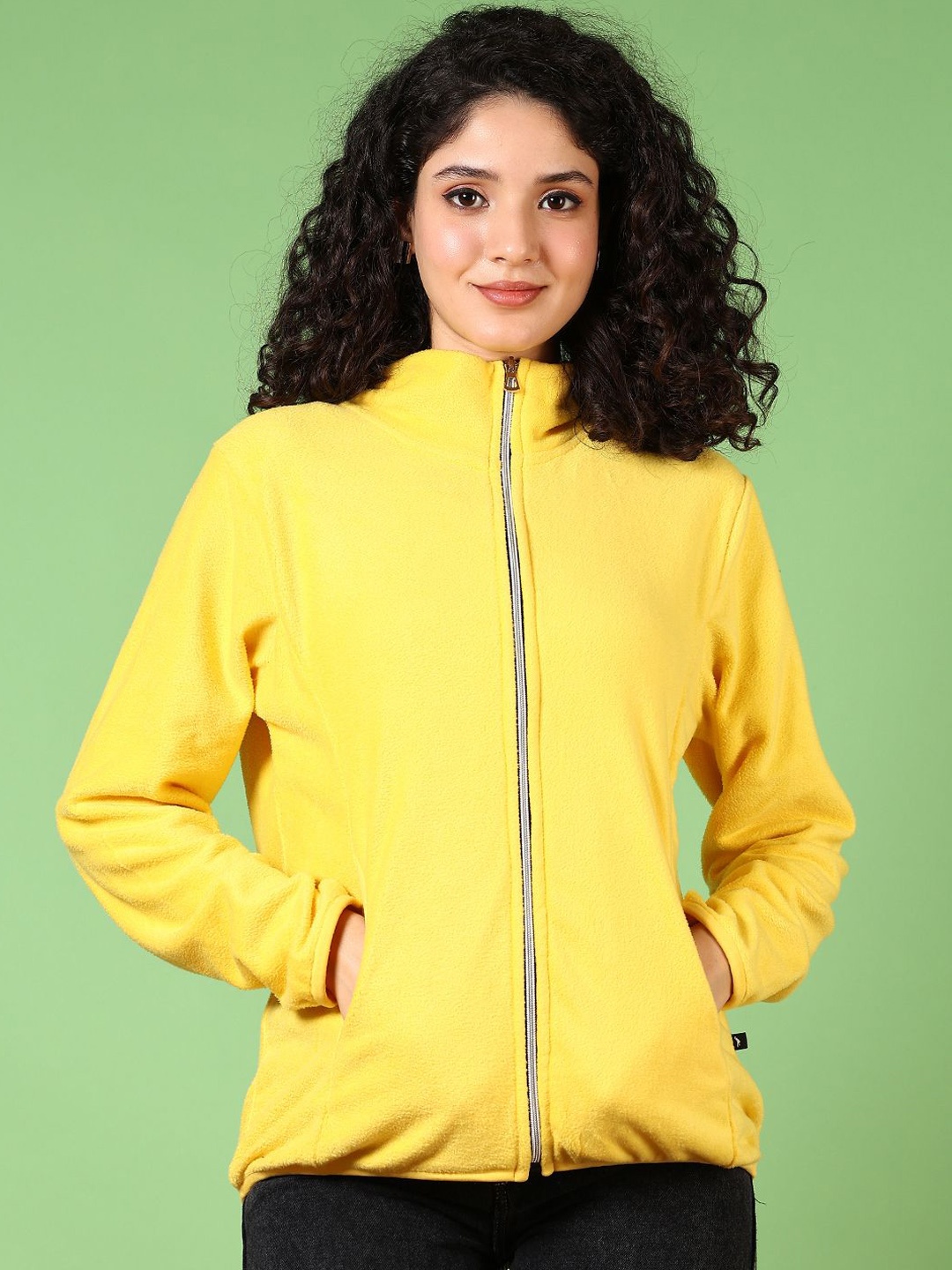 

V-Mart Women Mock Collar Solid Cotton Casual Bomber Jacket, Yellow