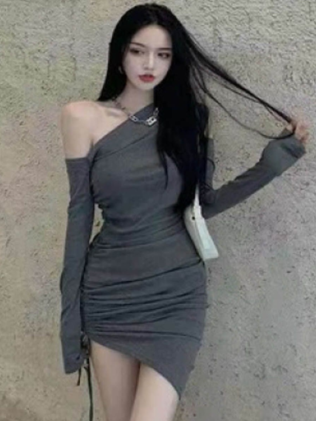 

StyleCast Women One Shoulder Ruched Bodycon Mini Dress With Tie-Ups Details, Grey