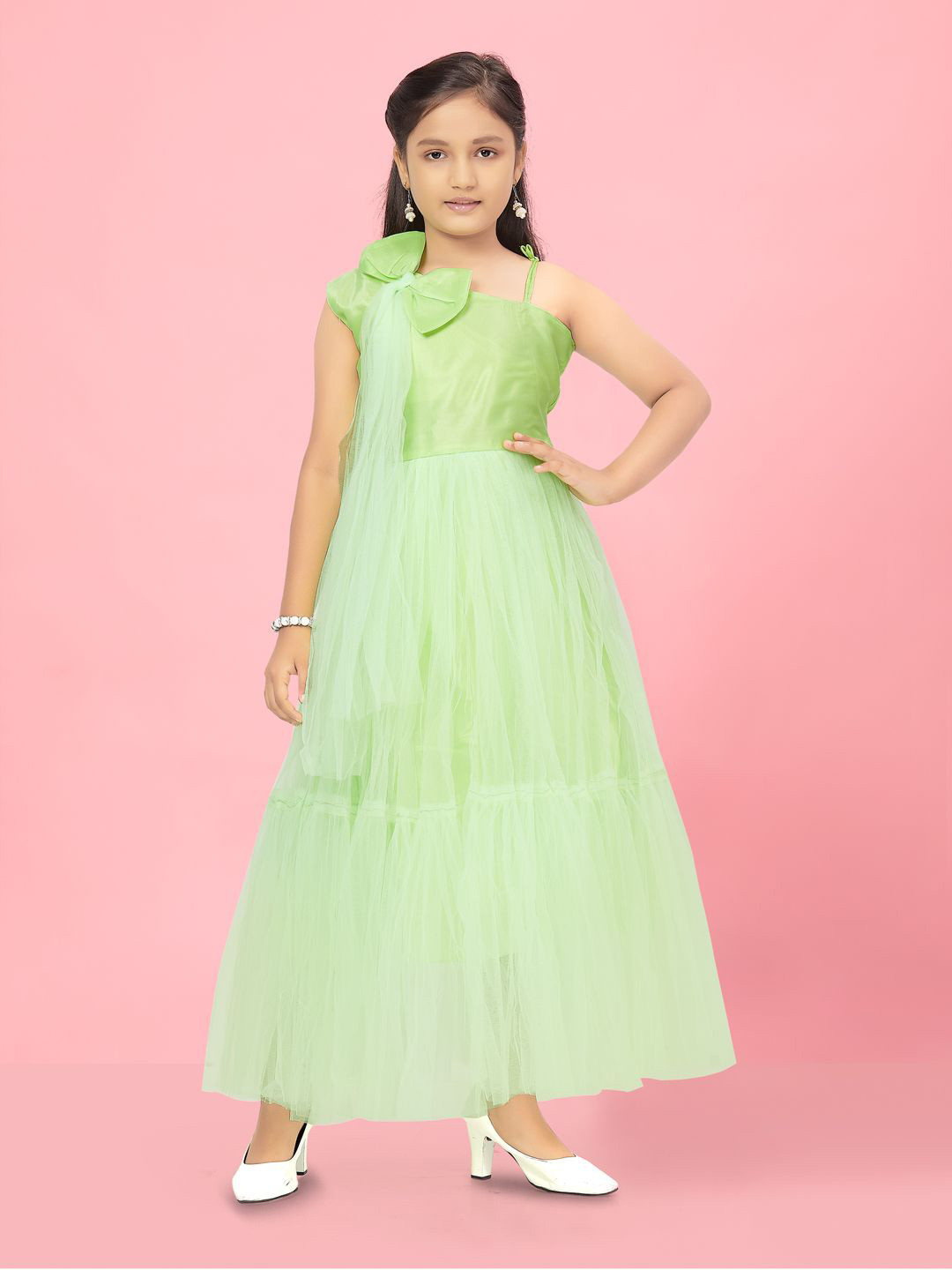

Sangria Girls Bow Details Fit & Flared Net Dress, Green