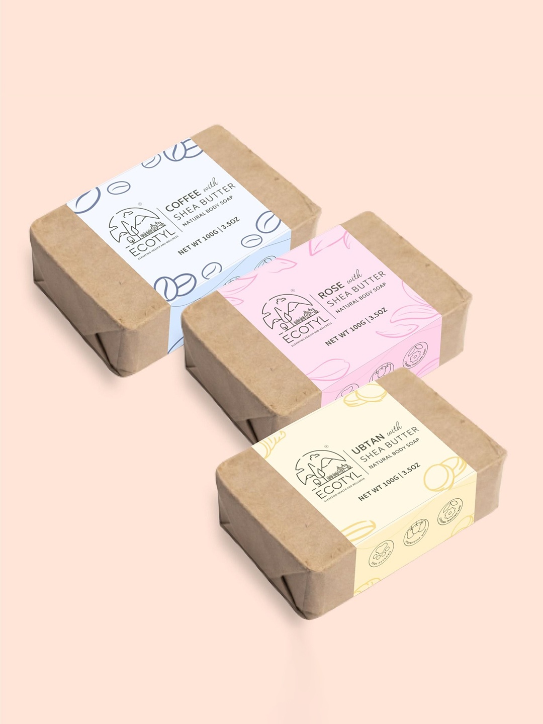 

Ecotyl Set Of 3 Shea Butter Soaps- Ubtan, Rose, Coffee - 100 g Each, Beige