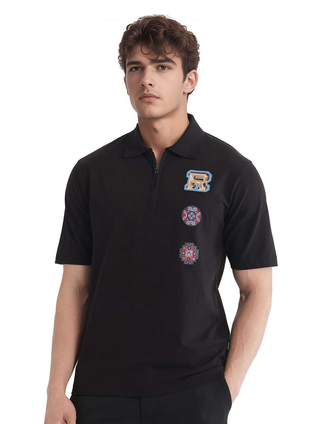 

RARE RABBIT Men Solid Polo Collar Cotton T-shirt, Black