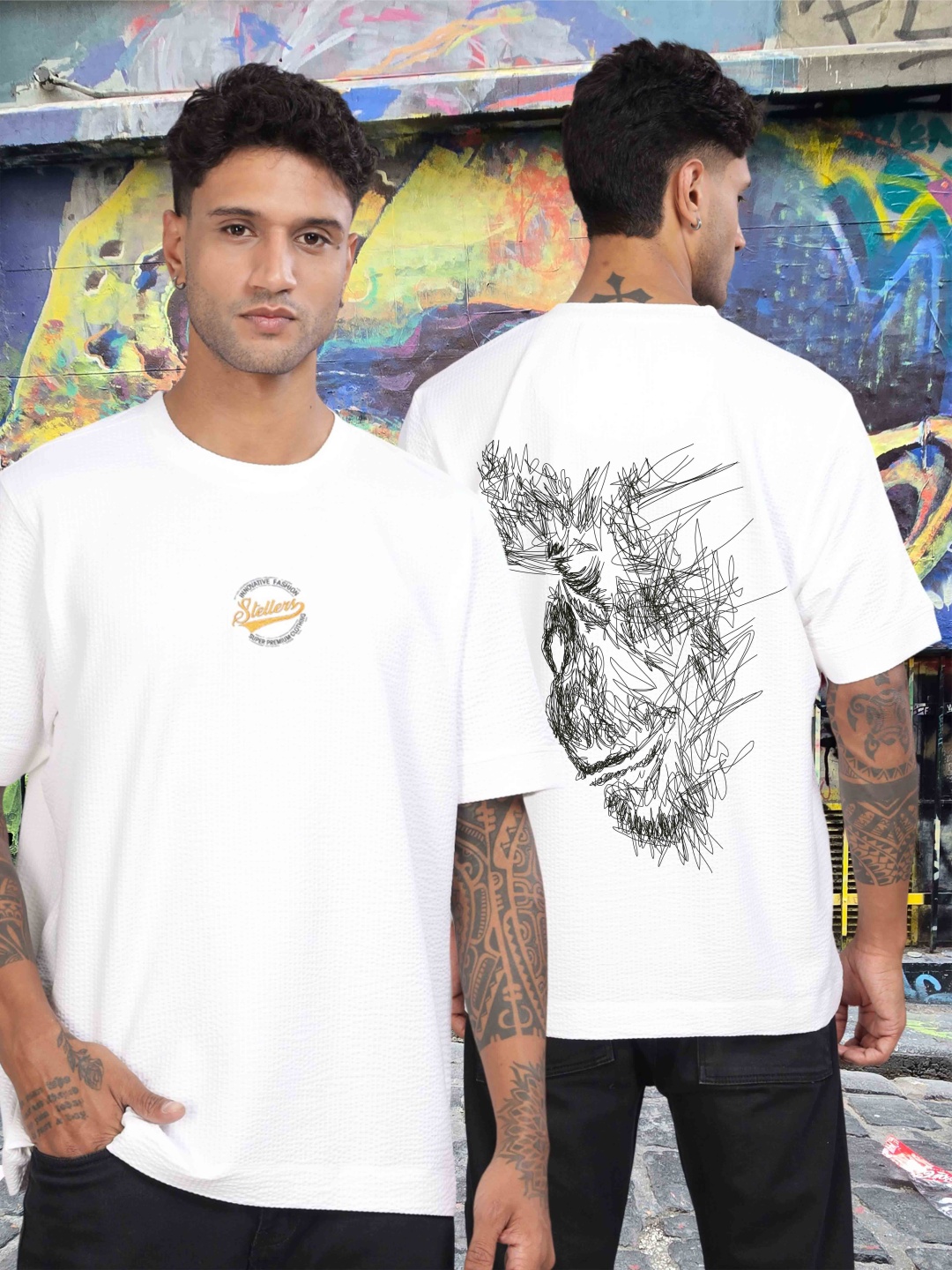

STELLERS Men Graphic Printed Oversized Casual T-shirt, White