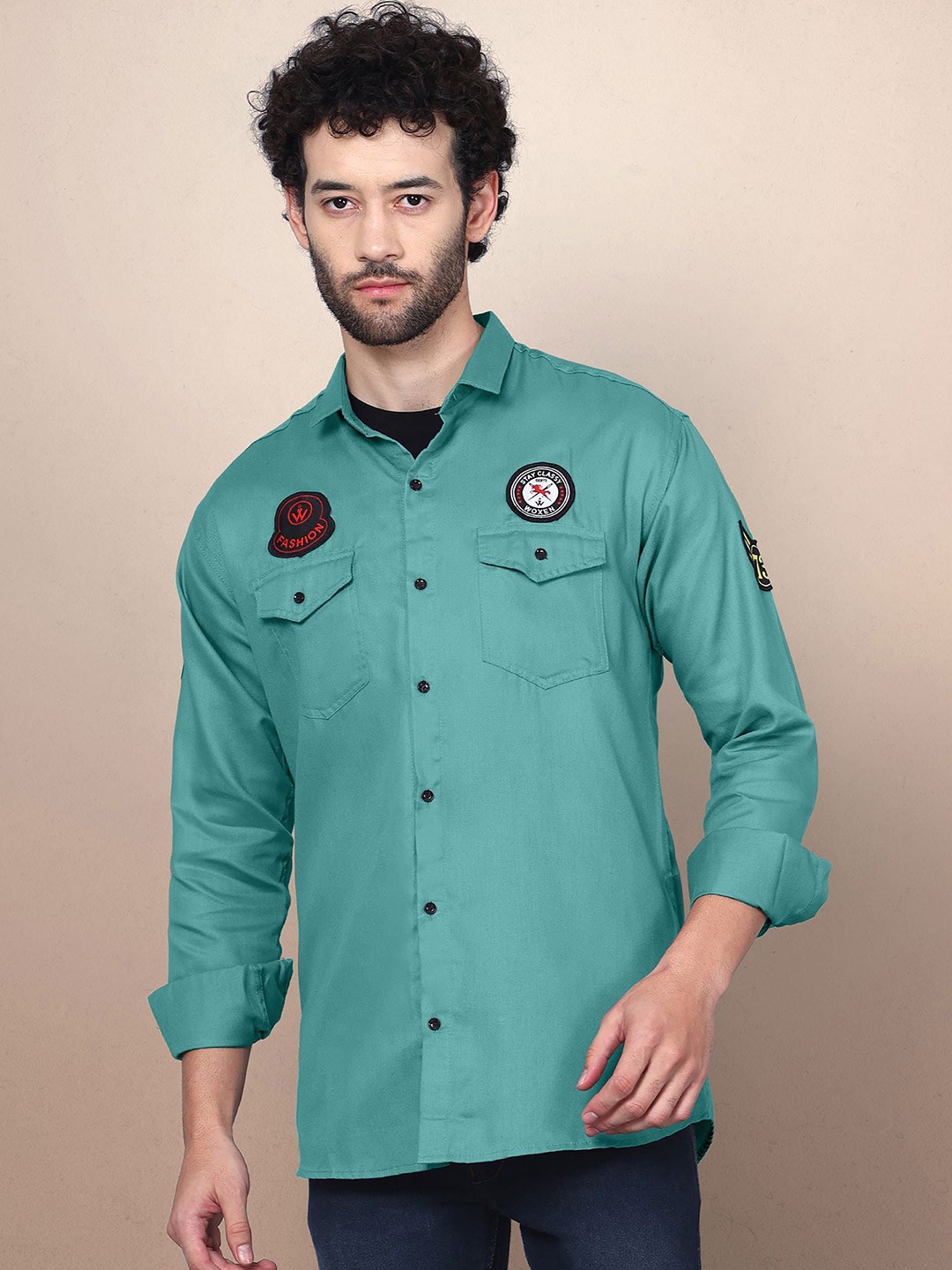 

WOXEN Men Original Fit Spread Collar Solid Cotton Casual Shirt, Sea green