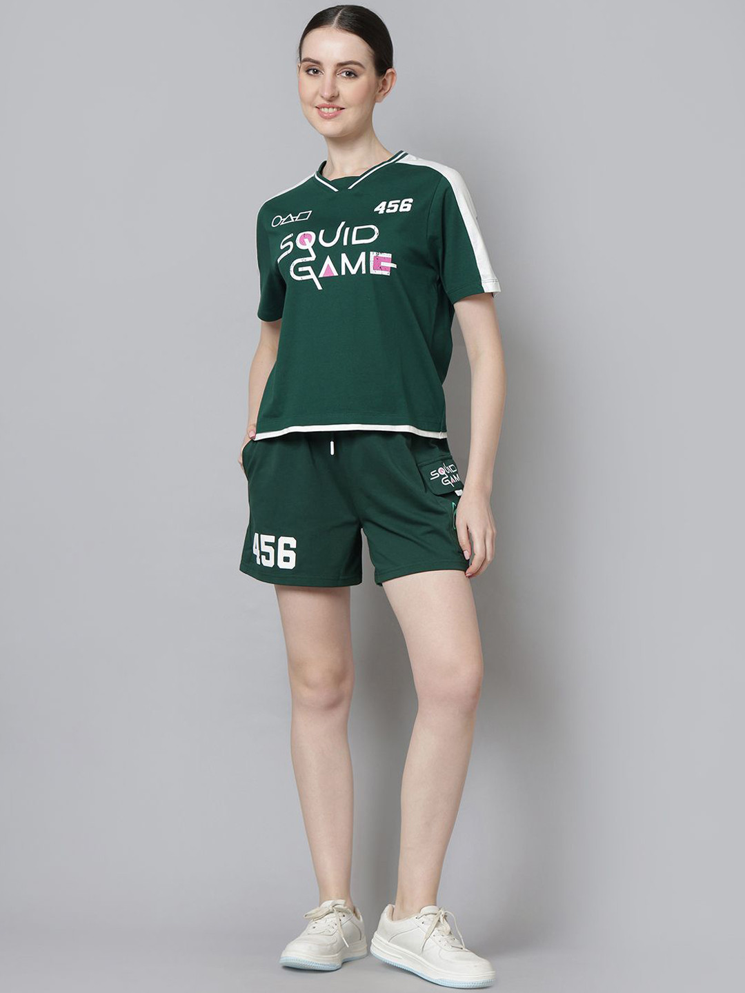 

Free Authority Squid Game Printed V-Neck Pure Cotton T-Shirt And Shorts, Green