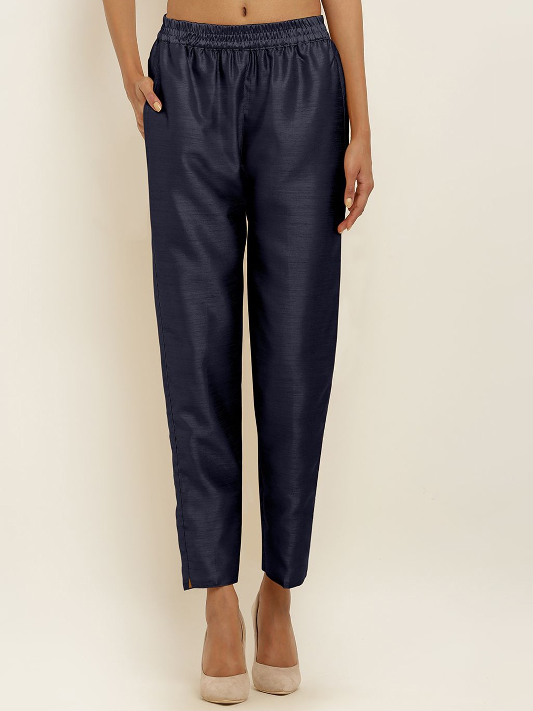

FLOREOS Women Textured Embroidered Regular Fit Comfort Trouser, Navy blue