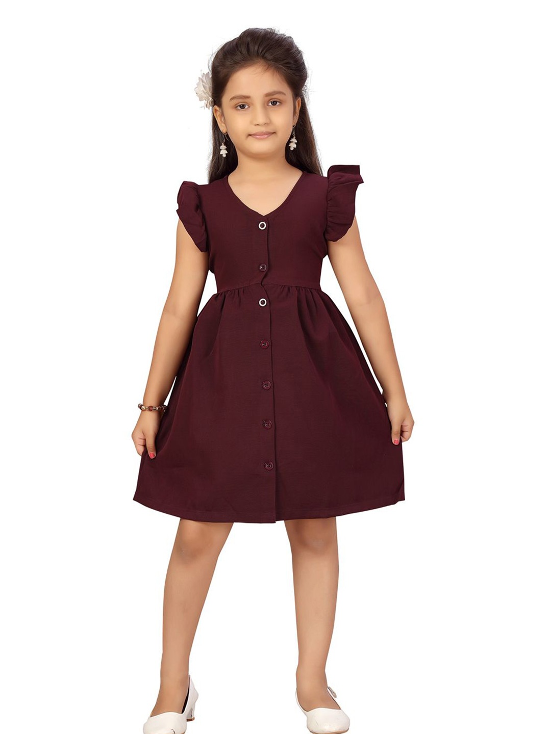 

YK Girls V-Neck Flutter Sleeve A-Line Dress, Maroon