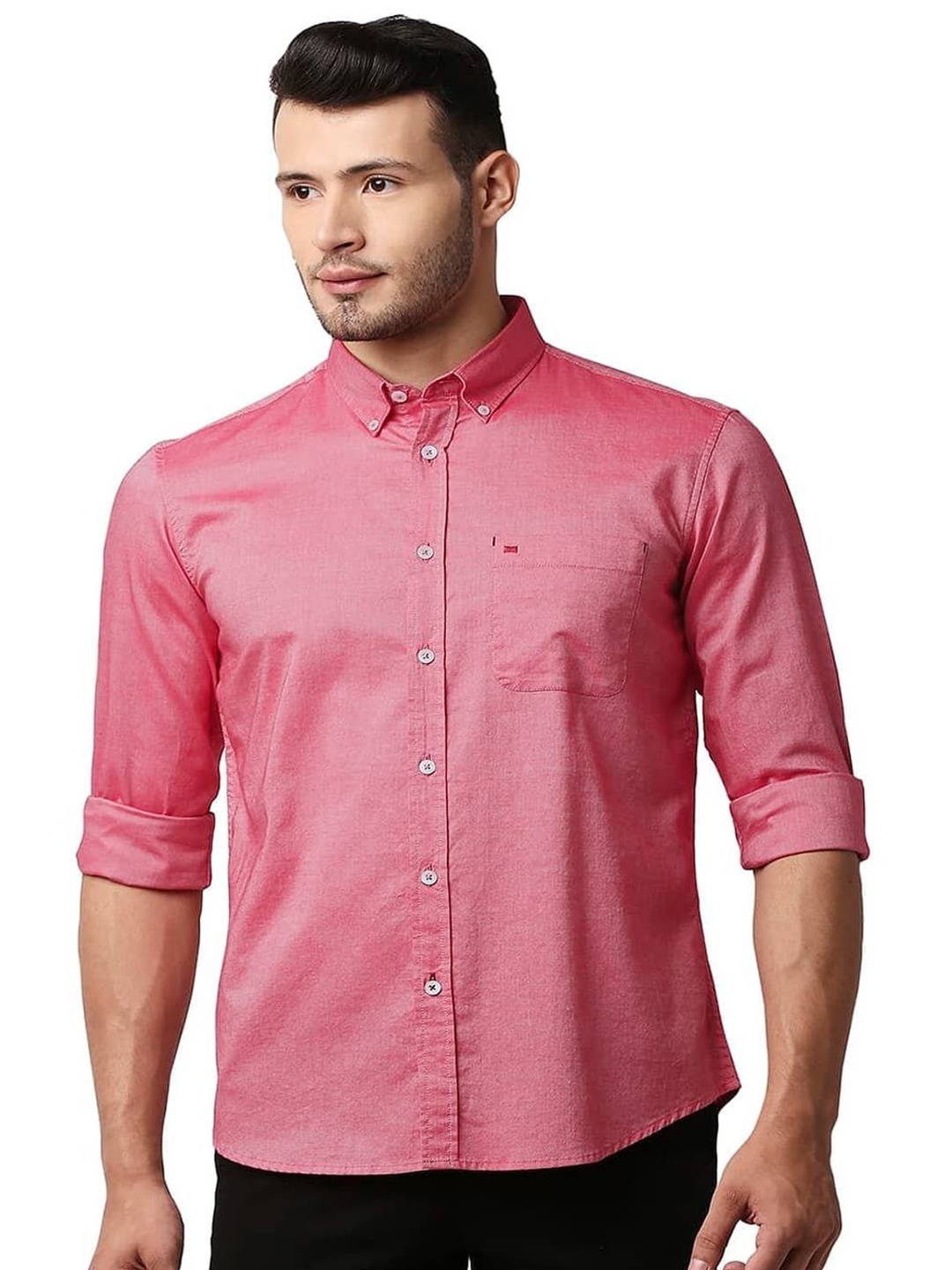 

Basics Men Slim Fit Button-Down Collar Solid Cotton Casual Shirt, Pink