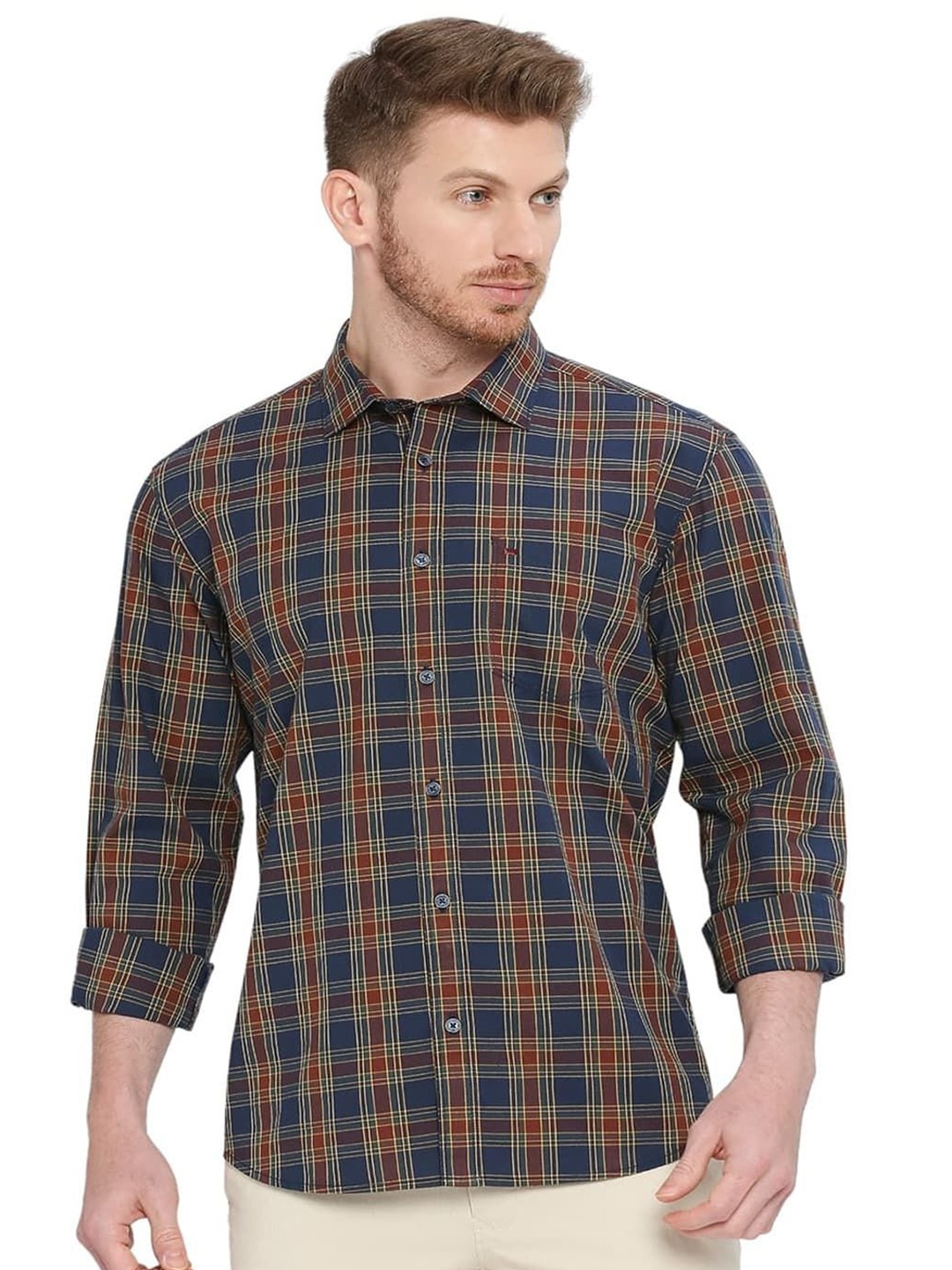 

Basics Men Slim Fit Spread Collar Tartan Checked Cotton Casual Shirt, Navy blue