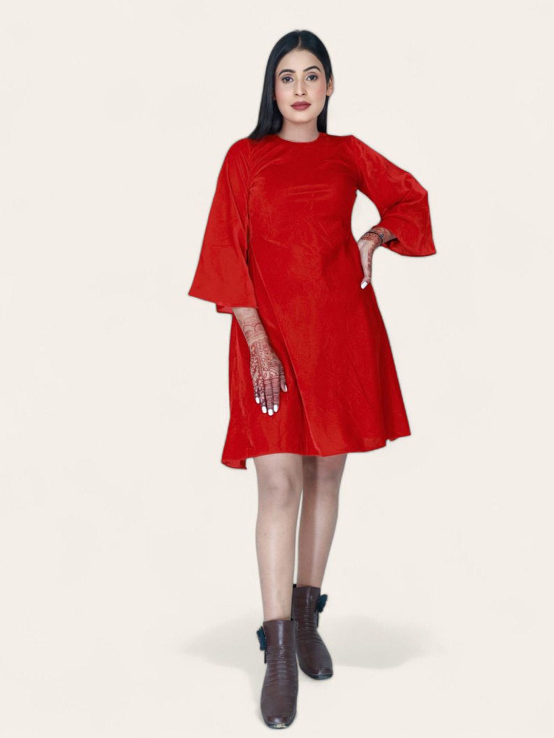 

GEETUES Women Round Neck A-Line Above Knee Dress, Red