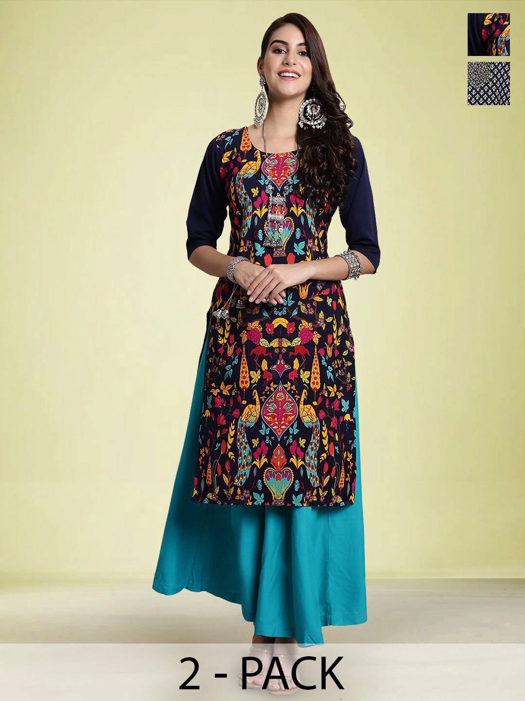 

Moda Rapido Selection Of 2 Ethnic Motifs Printed Round Neck Straight Kurtas, Black