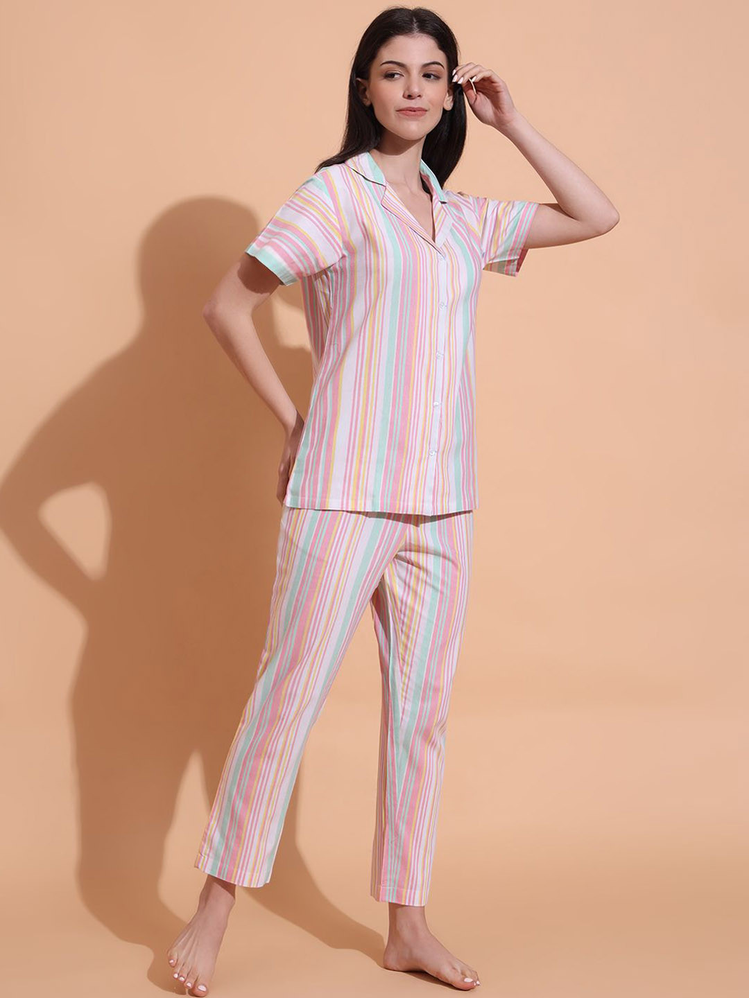 

Fbella Women Striped Night suit, Pink