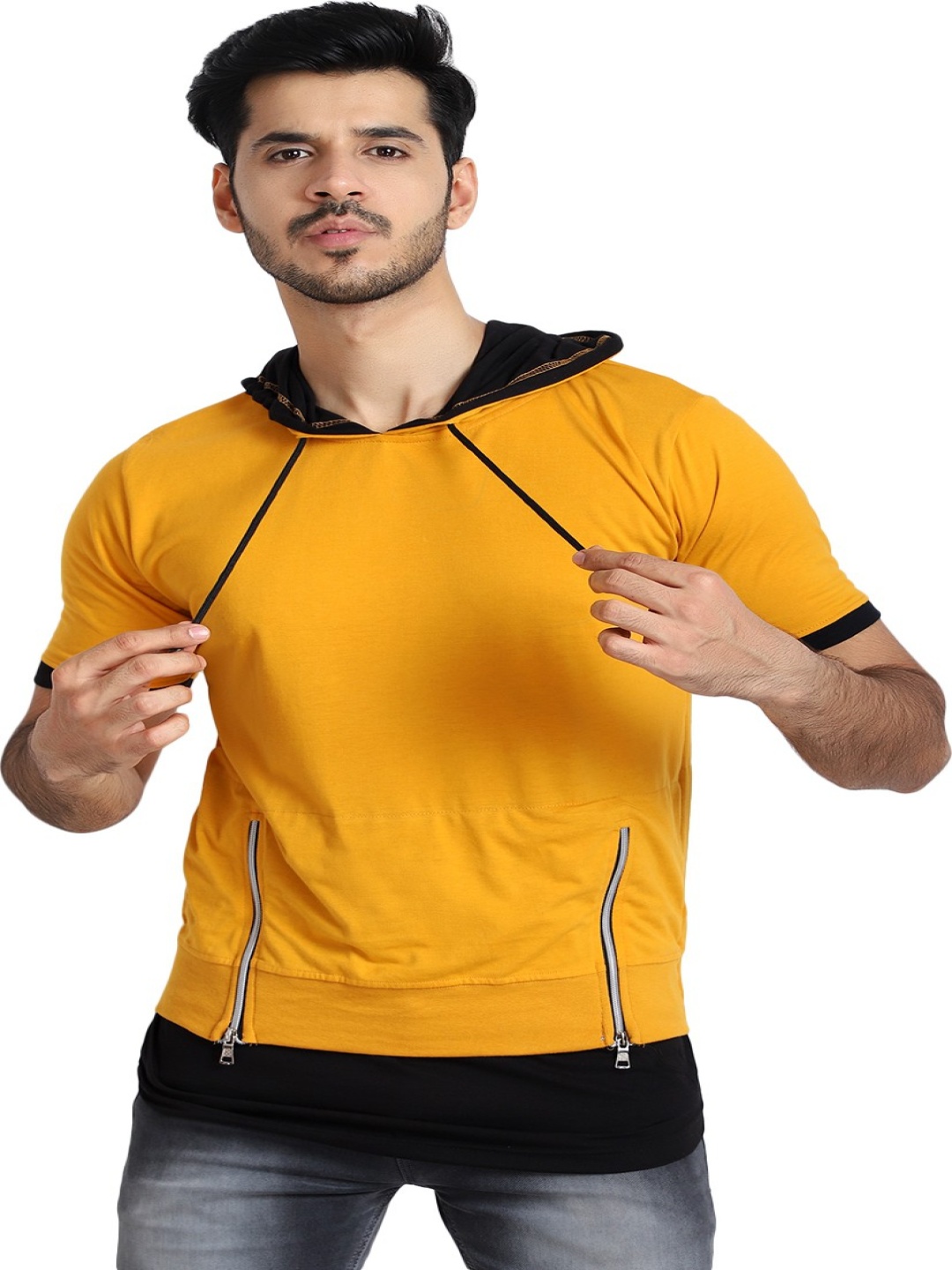 

Black Collection Men Colourblocked Hooded Cotton Casual T-shirt, Mustard