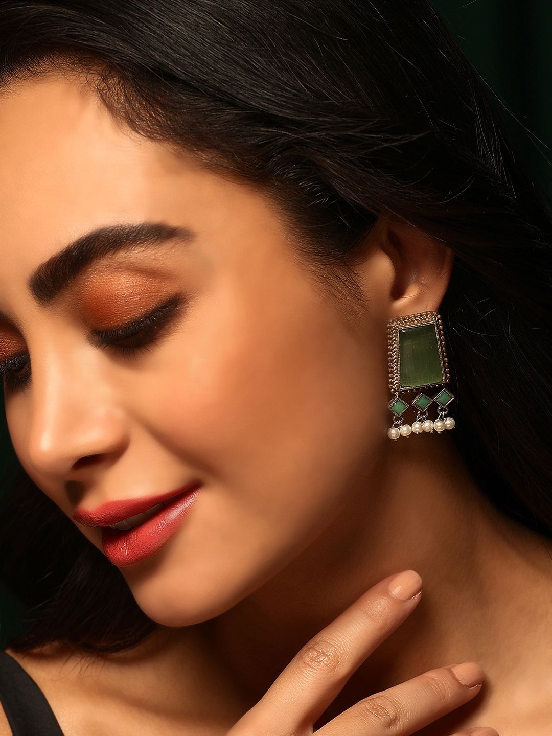 

Priyaasi Silver-Plated Emerald Stone Studded Contemporary Oxidised Drop Earrings