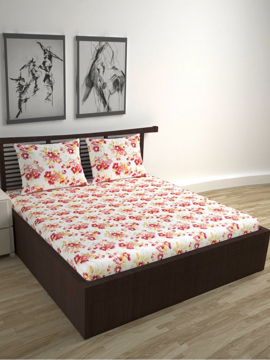 

Divine Casa Florate White Floral Printed Cotton 144 TC Queen Bedsheet Set-2.54 m x 2.22 m