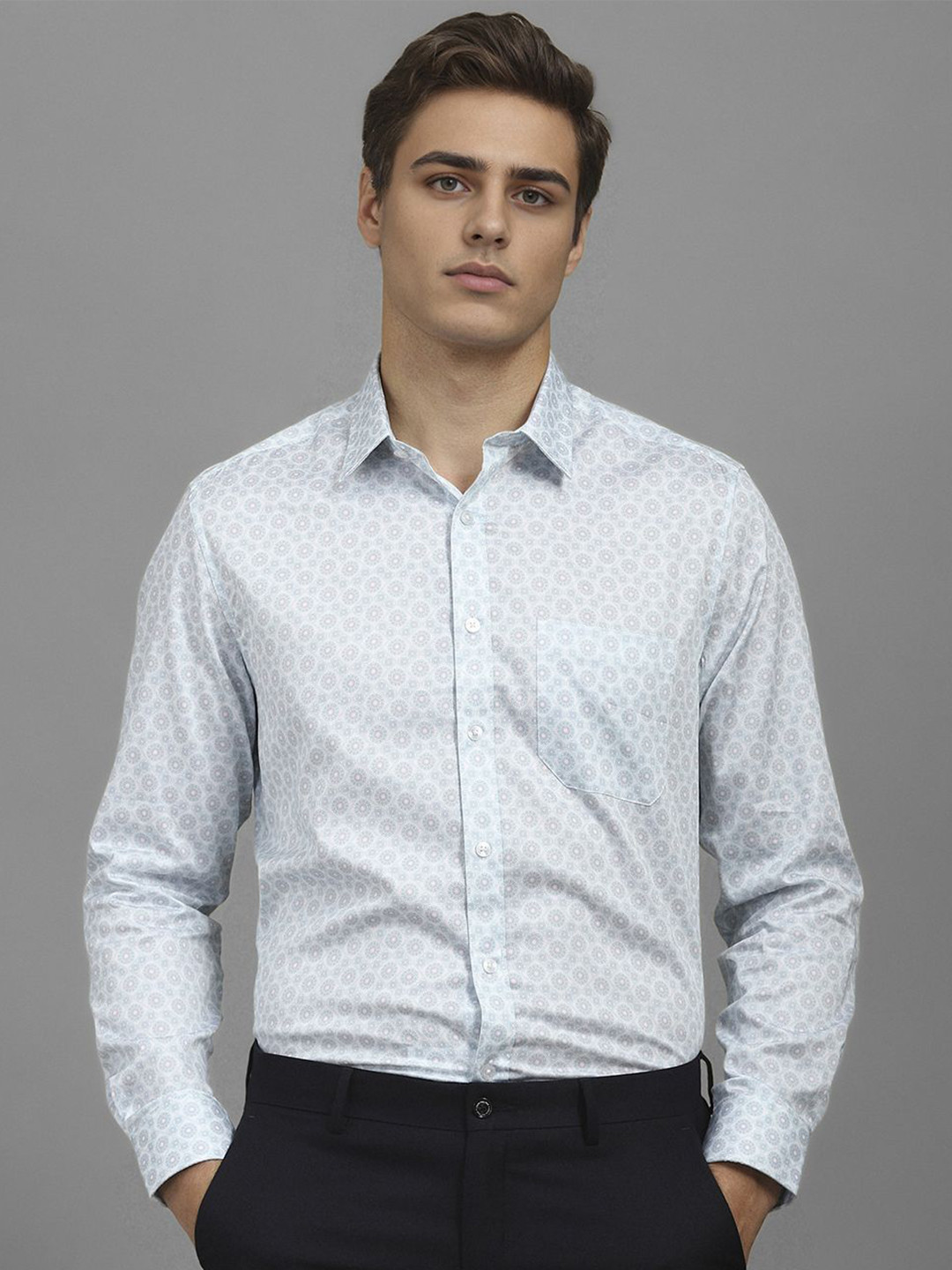 

Louis Philippe Men Classic Fit Spread Collar Geometric Printed Cotton Formal Shirt, Blue