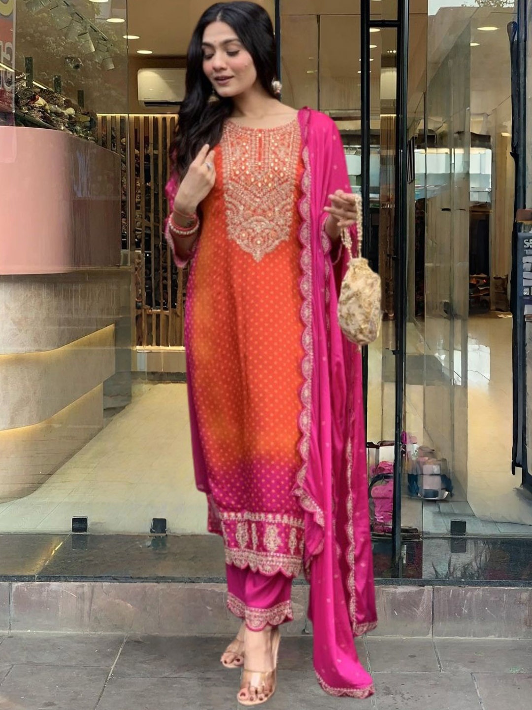 

KALINI Floral Embroidered Mirror Work Straight Kurta With Trousers And Dupatta, Orange