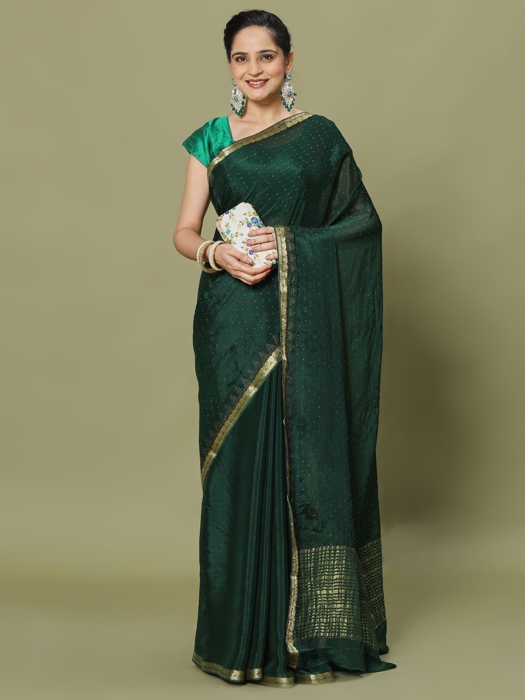 

Meena Bazaar Woven Design Zari Poly Crepe Saree, Green