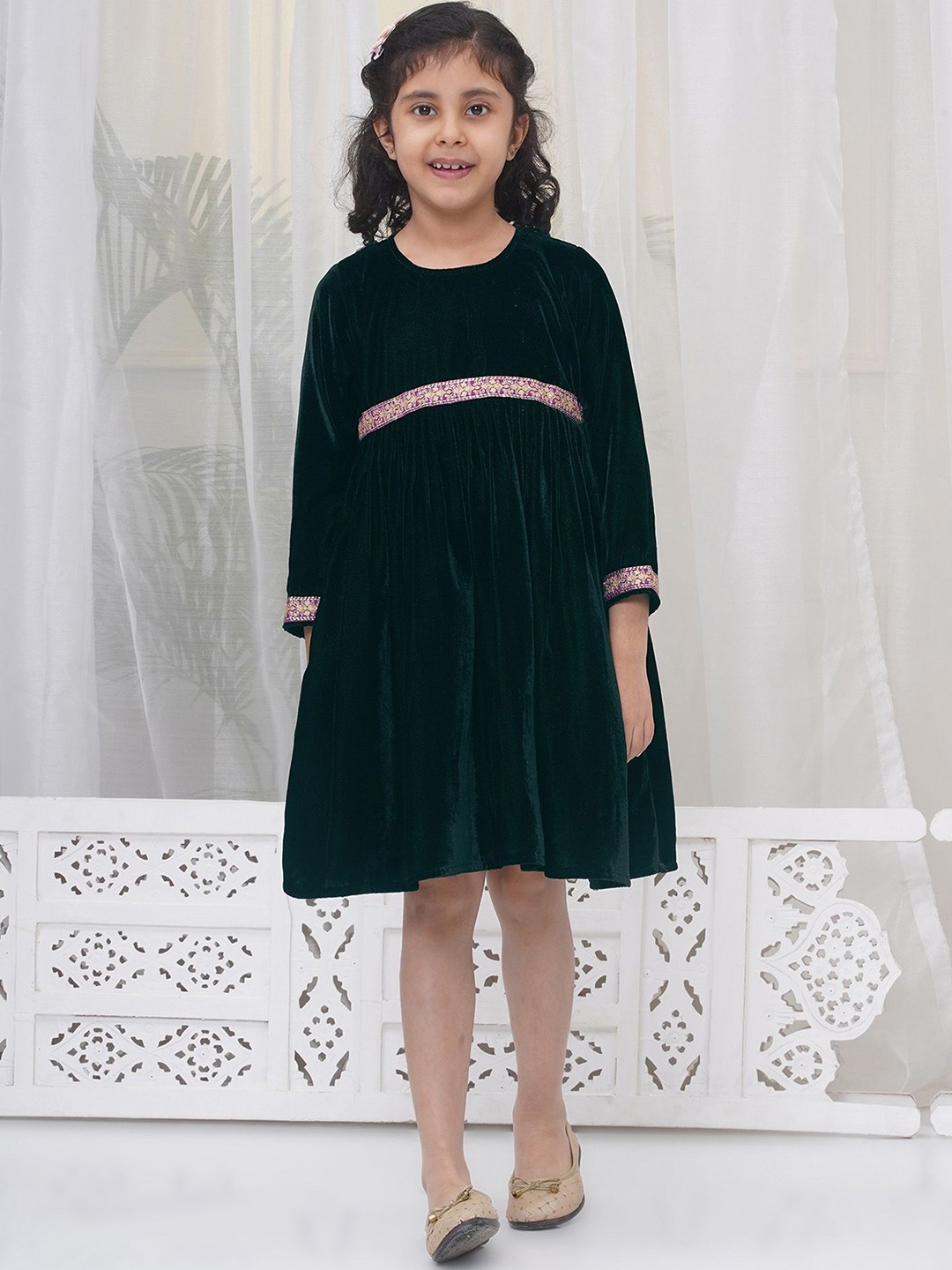 

Little Bansi Girls Velvet Christmas Winter Dress with Modern Lace Work Green
