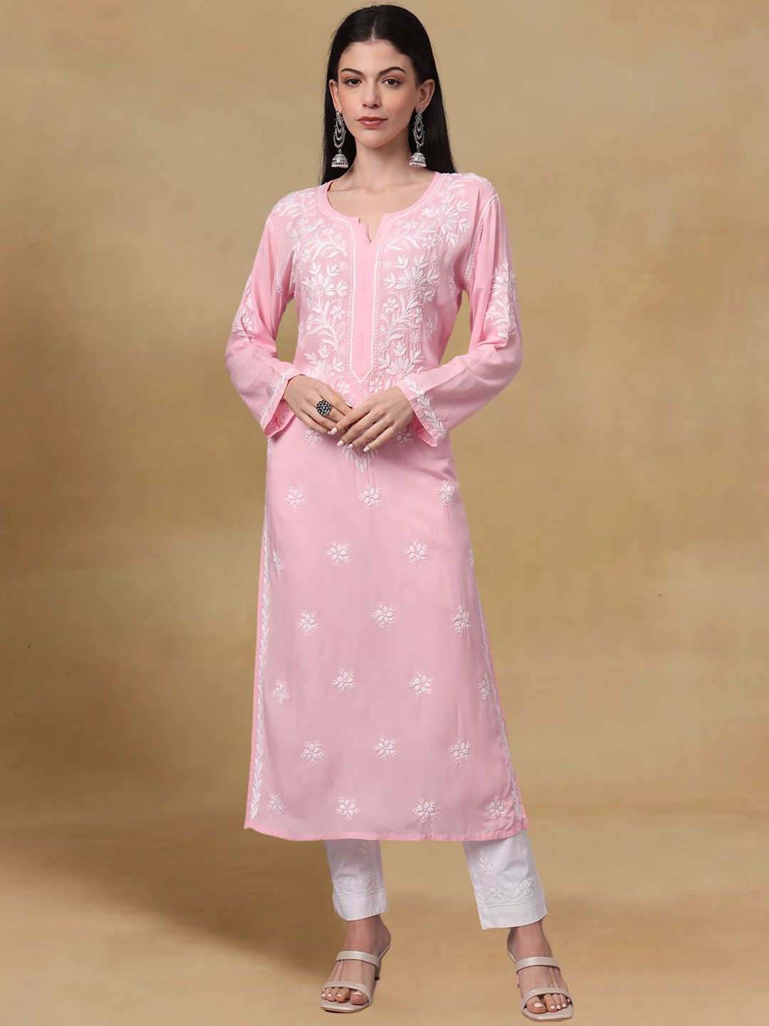 

PARAMOUNT CHIKAN Floral Embroidered Notch Neck Chikankari Straight Kurta, Pink