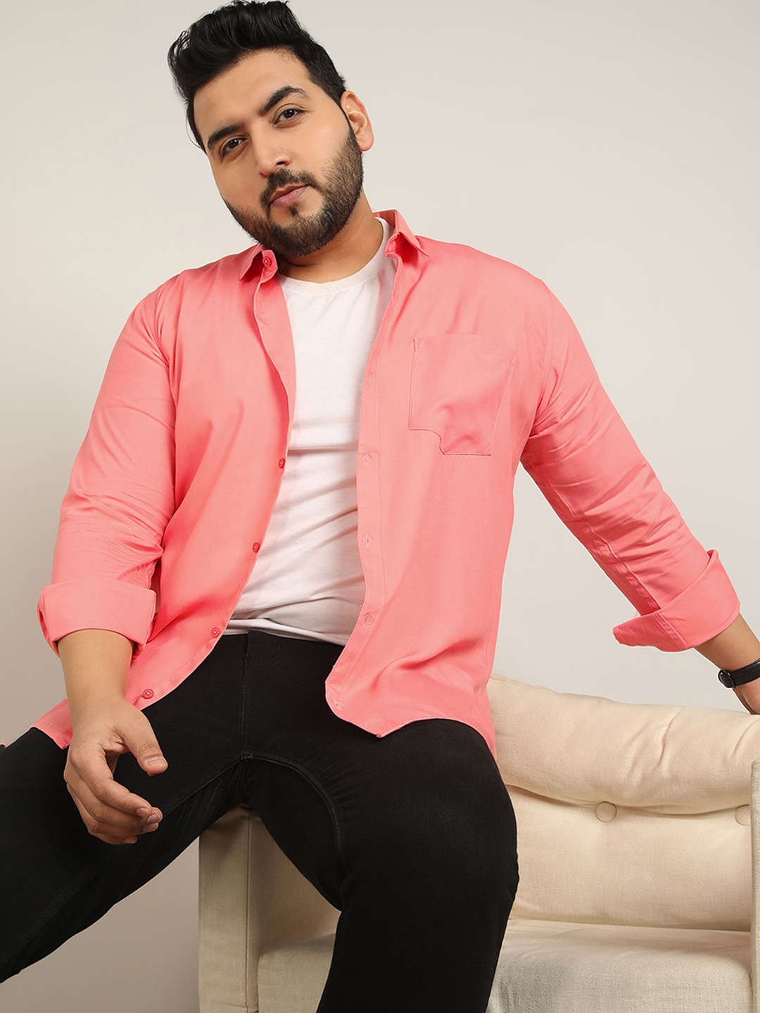 

ADWYN PETER Men Plus Size Classic Fit Spread Collar Solid Cotton Casual Shirt, Pink