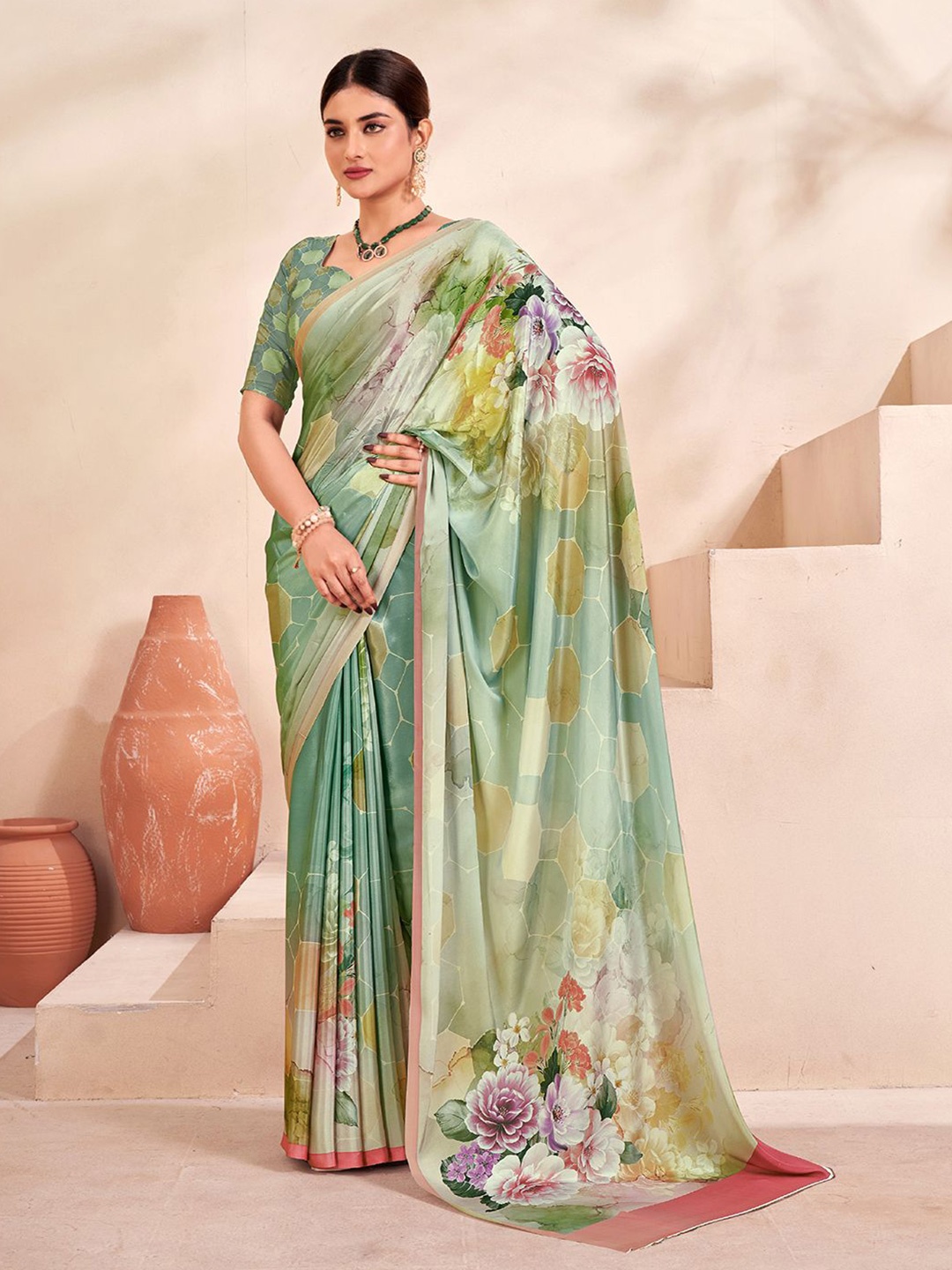 

Krimmple Floral Printed Mysore Silk Saree, Green