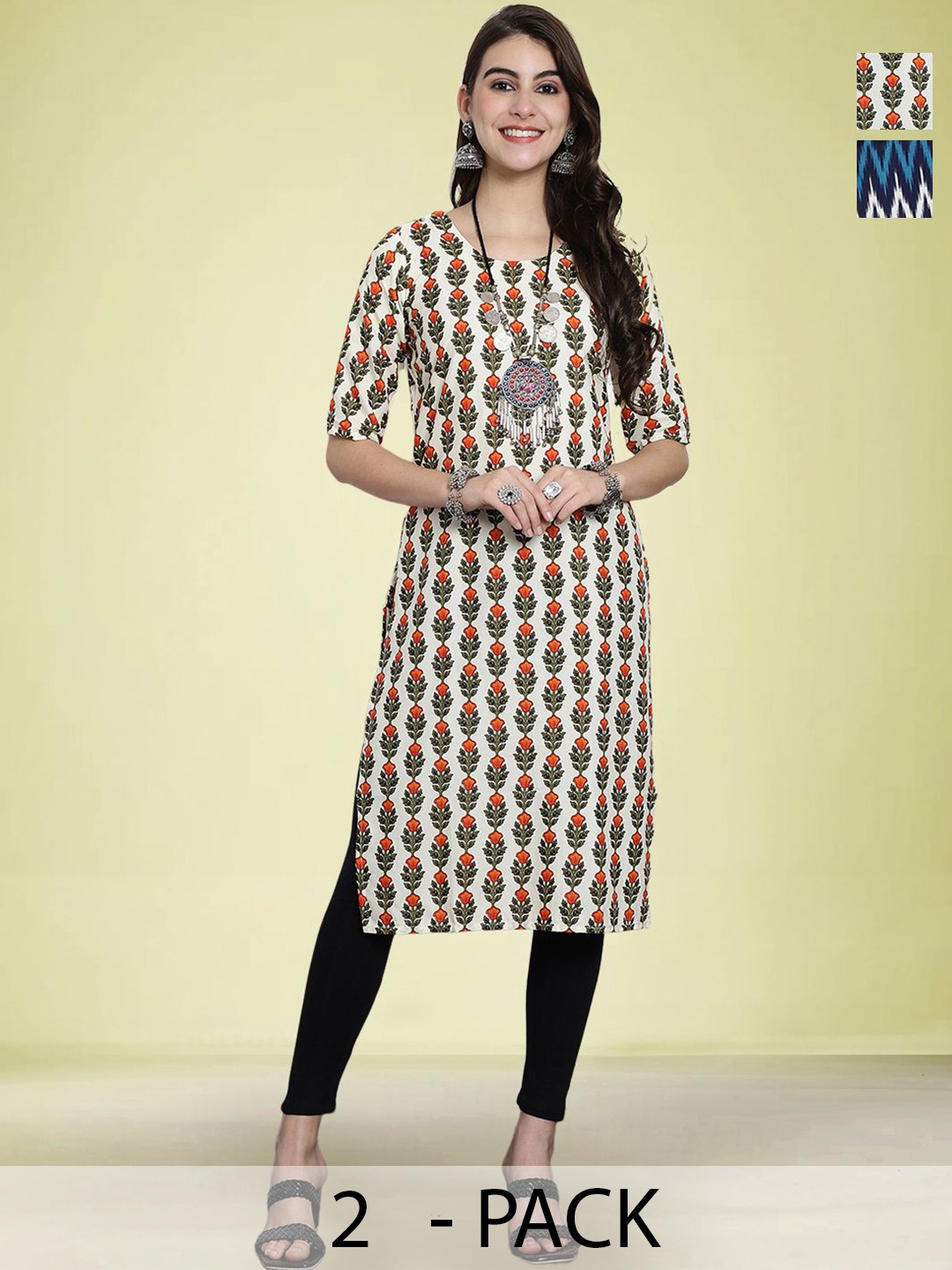 

Moda Rapido Women Pack Of 2 Printed Round Neck Straight Kurtas, White
