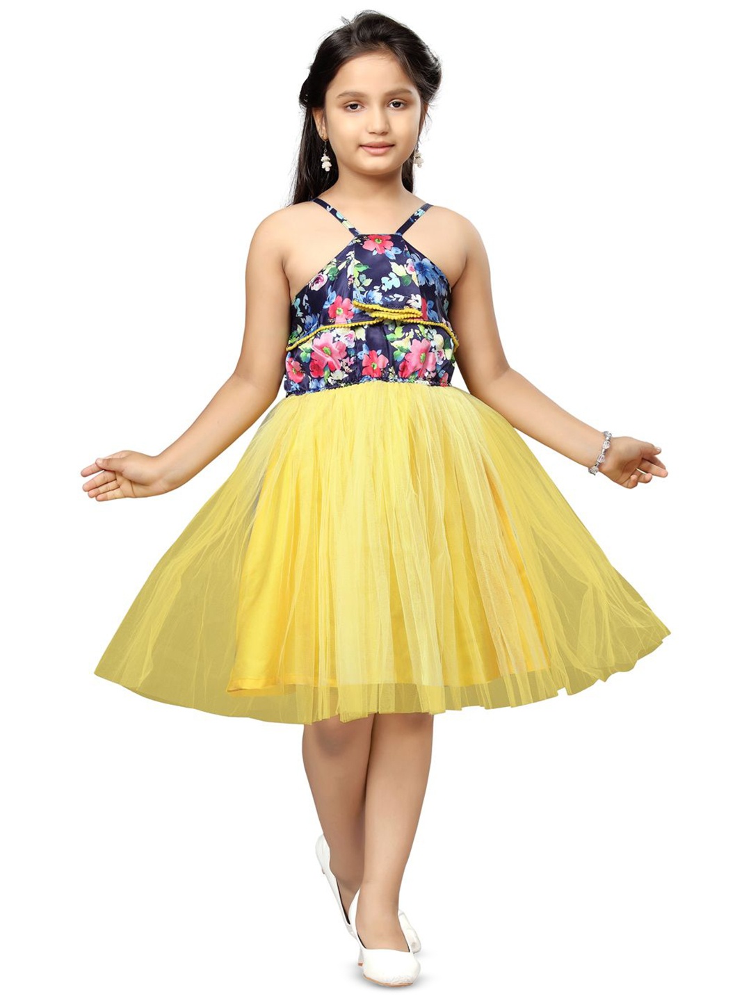 

YK Girls Floral Print Net Fit & Flare Midi Dress, Yellow
